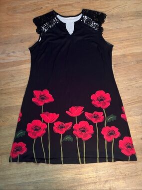 Black Floral Shift Dress with Lace Shoulders
